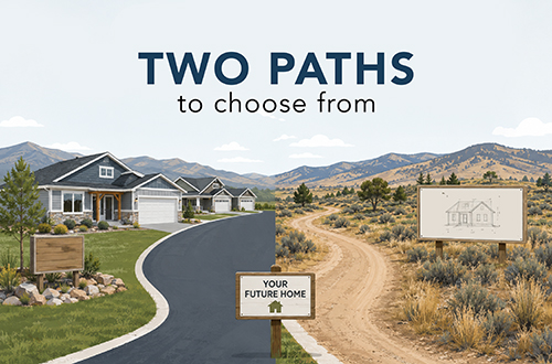 Image of two paths, one leading to a new community with new homes. The other is a dirt path opening the possibility of building on your own land>